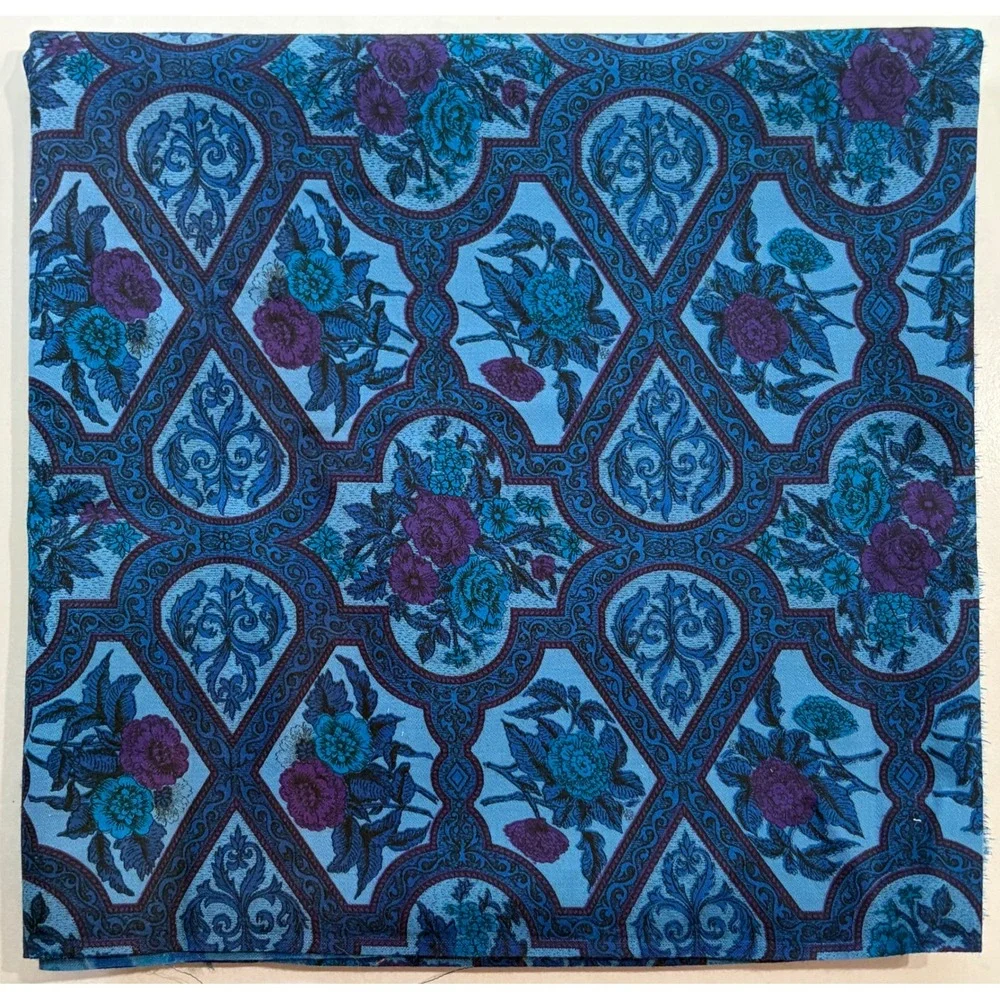 Vintage Blue Floral Medallion Cotton Fabric 42W x 38L Ornate Scroll Rose Print
